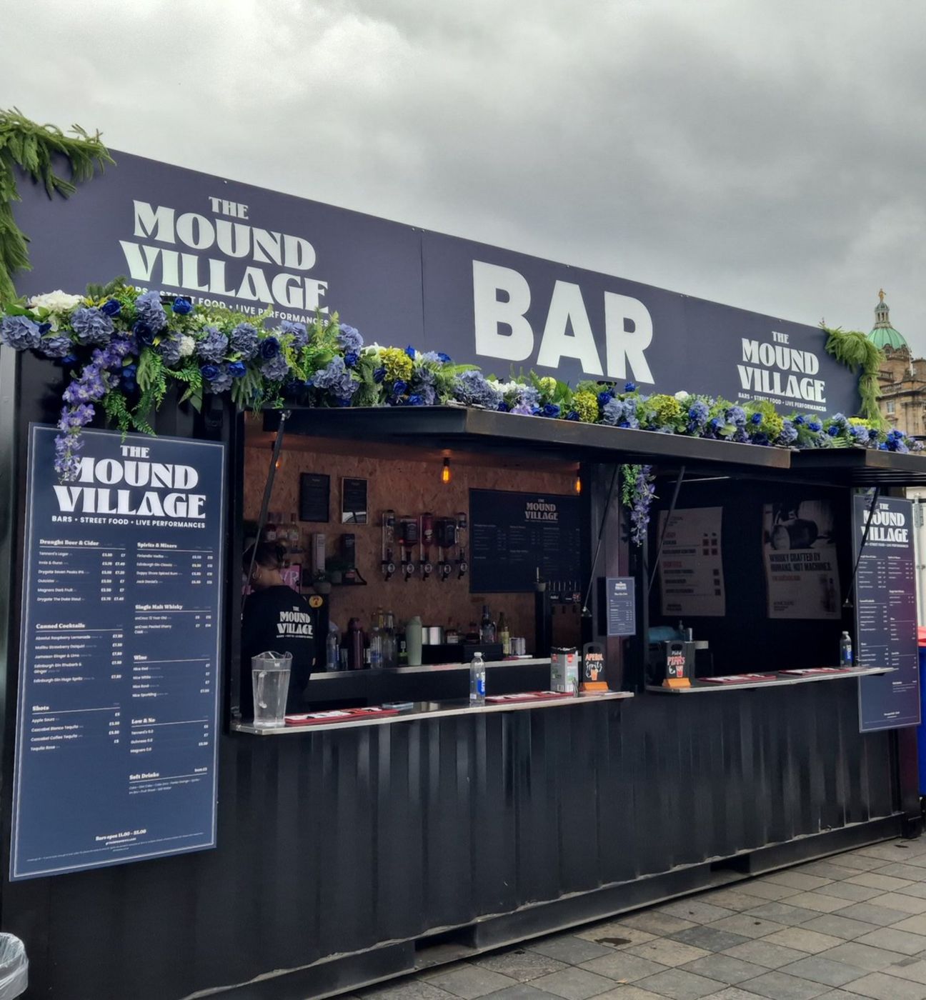 A 20ft Apex container bar dressed as the Mound Village bar
